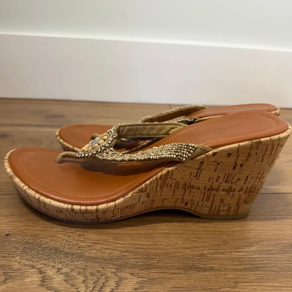 Skemo Beaded Cork Wedge‎ Thong Sandals Boho Rhinestone Flip Flops Womens 9
